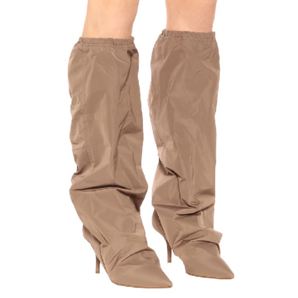 Yeezy Tall Slouchy Pointed-Toe Heeled Boots in Taupe